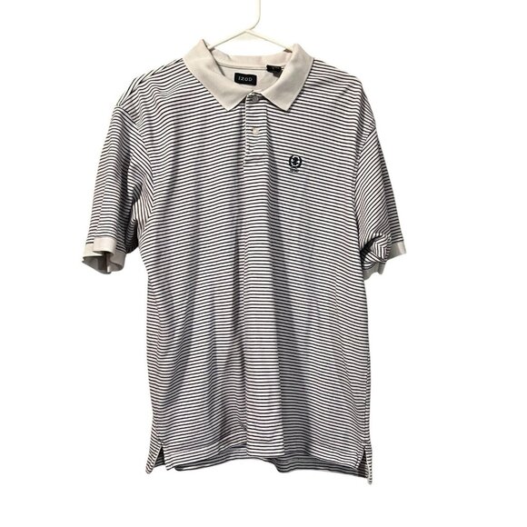Izod Men Polo Shirt XL White Striped Embroidered Logo Short Sleeve Preppy Modern - Picture 1 of 12